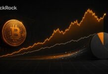 Titelbild zu Bitcoin und Portfolioallokation im BlackRock-Stil: leuchtende Bitcoin-Münze, steigende Kurslinien, Portfolio-Kreisdiagramm und BlackRock-Logo auf dunklem Finanzhintergrund.