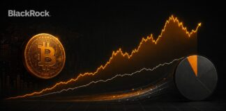 Titelbild zu Bitcoin und Portfolioallokation im BlackRock-Stil: leuchtende Bitcoin-Münze, steigende Kurslinien, Portfolio-Kreisdiagramm und BlackRock-Logo auf dunklem Finanzhintergrund.