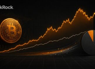 Titelbild zu Bitcoin und Portfolioallokation im BlackRock-Stil: leuchtende Bitcoin-Münze, steigende Kurslinien, Portfolio-Kreisdiagramm und BlackRock-Logo auf dunklem Finanzhintergrund.
