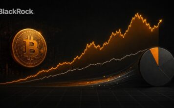 Titelbild zu Bitcoin und Portfolioallokation im BlackRock-Stil: leuchtende Bitcoin-Münze, steigende Kurslinien, Portfolio-Kreisdiagramm und BlackRock-Logo auf dunklem Finanzhintergrund.