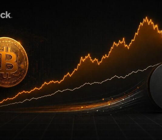 Titelbild zu Bitcoin und Portfolioallokation im BlackRock-Stil: leuchtende Bitcoin-Münze, steigende Kurslinien, Portfolio-Kreisdiagramm und BlackRock-Logo auf dunklem Finanzhintergrund.