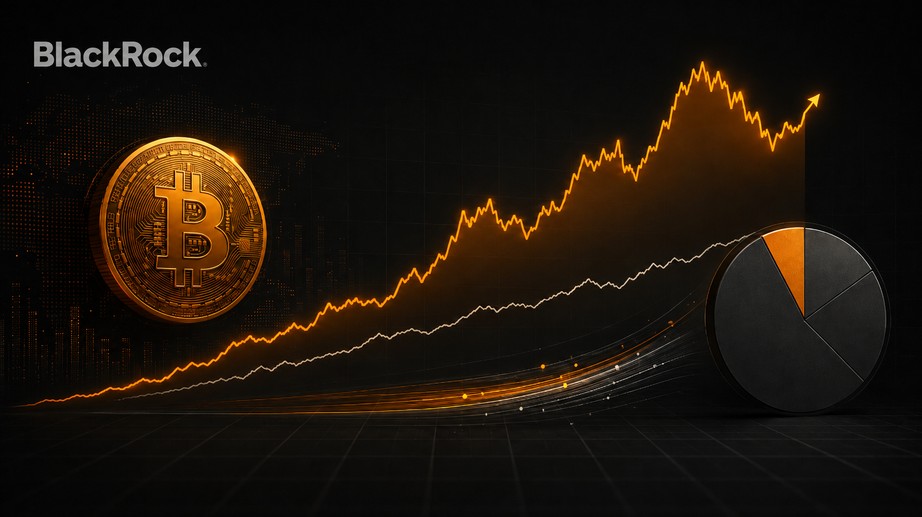 Titelbild zu Bitcoin und Portfolioallokation im BlackRock-Stil: leuchtende Bitcoin-Münze, steigende Kurslinien, Portfolio-Kreisdiagramm und BlackRock-Logo auf dunklem Finanzhintergrund.