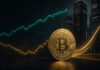 Goldener Bitcoin vor steigenden und fallenden Kurslinien mit Finanzhochhäusern im Hintergrund