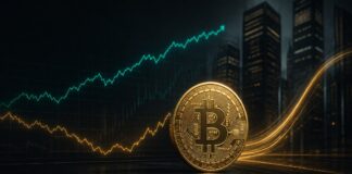 Bitwise erwartet Billionenzuflüsse in Bitcoin und einen BTC-Kurs von 1,3 Millionen USD bis 2035 Goldener Bitcoin vor steigenden und fallenden Kurslinien mit Finanzhochhäusern im Hintergrund