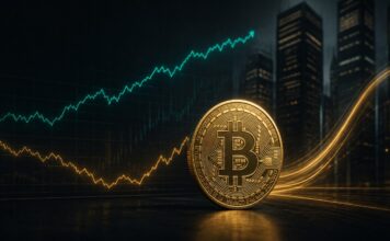 Bitwise erwartet Billionenzuflüsse in Bitcoin und einen BTC-Kurs von 1,3 Millionen USD bis 2035 Goldener Bitcoin vor steigenden und fallenden Kurslinien mit Finanzhochhäusern im Hintergrund