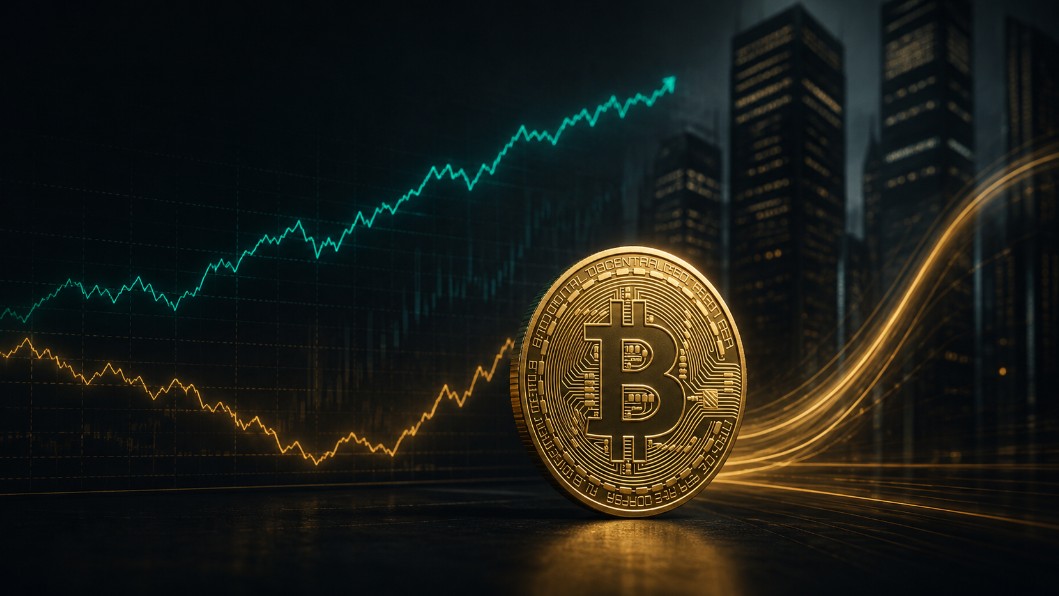 Goldener Bitcoin vor steigenden und fallenden Kurslinien mit Finanzhochhäusern im Hintergrund