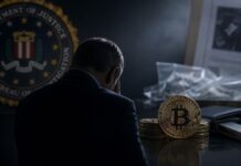 FBI-Vorgesetzter wegen Bitcoin-Diebstahl in Höhe von fast 1 Million Dollar angeklagt Ehemaliger FBI-Agent sitzt mit gesenktem Kopf vor Bitcoin, Hardware-Wallet und Ermittlungsunterlagen als Symbolbild für den mutmaßlichen Diebstahl von Kryptowährungen.