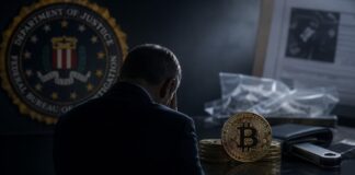 Ehemaliger FBI-Agent sitzt mit gesenktem Kopf vor Bitcoin, Hardware-Wallet und Ermittlungsunterlagen als Symbolbild für den mutmaßlichen Diebstahl von Kryptowährungen.