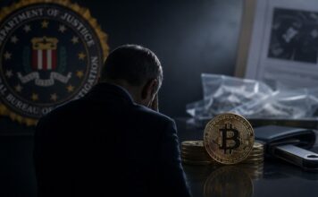 Ehemaliger FBI-Agent sitzt mit gesenktem Kopf vor Bitcoin, Hardware-Wallet und Ermittlungsunterlagen als Symbolbild für den mutmaßlichen Diebstahl von Kryptowährungen.