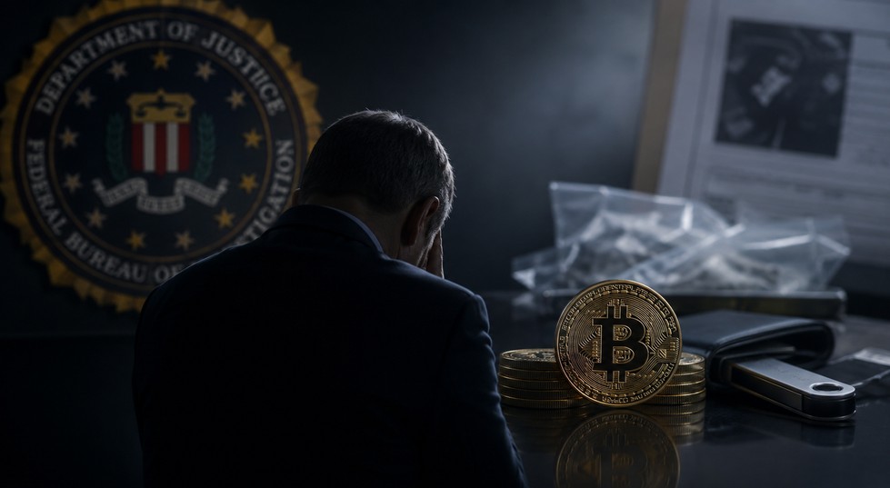 Ehemaliger FBI-Agent sitzt mit gesenktem Kopf vor Bitcoin, Hardware-Wallet und Ermittlungsunterlagen als Symbolbild für den mutmaßlichen Diebstahl von Kryptowährungen.