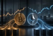 Bitcoin ETFs verzeichnen starke Zuflüsse trotz Clarity Act Verzögerung Bitcoin und Ethereum vor steigenden Kurscharts als Symbol für wachsende Kapitalzuflüsse in US-Krypto-ETFs.