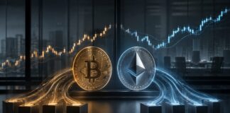 Bitcoin ETFs verzeichnen starke Zuflüsse trotz Clarity Act Verzögerung Bitcoin und Ethereum vor steigenden Kurscharts als Symbol für wachsende Kapitalzuflüsse in US-Krypto-ETFs.