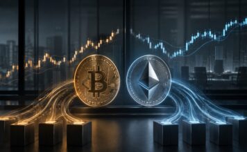 Bitcoin ETFs verzeichnen starke Zuflüsse trotz Clarity Act Verzögerung Bitcoin und Ethereum vor steigenden Kurscharts als Symbol für wachsende Kapitalzuflüsse in US-Krypto-ETFs.