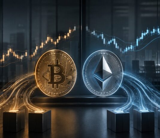 Bitcoin und Ethereum vor steigenden Kurscharts als Symbol für wachsende Kapitalzuflüsse in US-Krypto-ETFs.