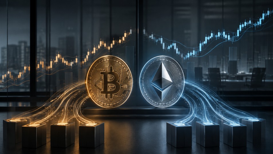 Bitcoin und Ethereum vor steigenden Kurscharts als Symbol für wachsende Kapitalzuflüsse in US-Krypto-ETFs.