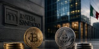 Bitcoin- und Ethereum-Münzen vor der Zentrale der italienischen Bank Intesa Sanpaolo als Symbol für die Umschichtung von Krypto-ETF-Investments zwischen Bitcoin und Staking-Ether.