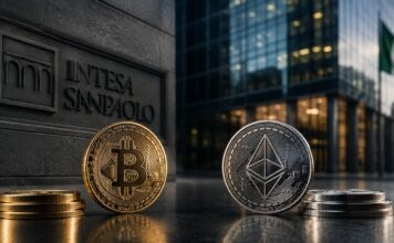 Bitcoin- und Ethereum-Münzen vor der Zentrale der italienischen Bank Intesa Sanpaolo als Symbol für die Umschichtung von Krypto-ETF-Investments zwischen Bitcoin und Staking-Ether.
