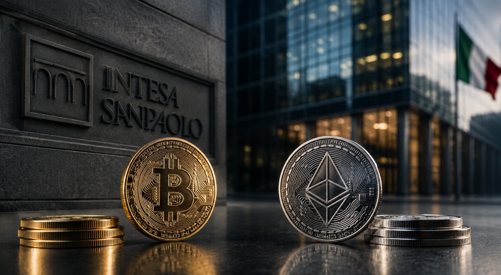 Bitcoin- und Ethereum-Münzen vor der Zentrale der italienischen Bank Intesa Sanpaolo als Symbol für die Umschichtung von Krypto-ETF-Investments zwischen Bitcoin und Staking-Ether.