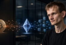 Vitalik Buterin mit Bitcoin- und Ethereum-Symbolen vor einer Visualisierung von Blockchain-Netzwerken
