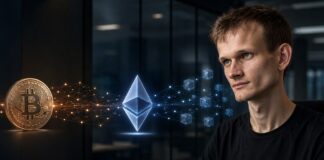 Vitalik Buterin mit Bitcoin- und Ethereum-Symbolen vor einer Visualisierung von Blockchain-Netzwerken
