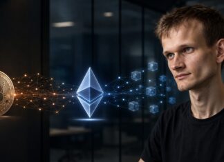 Vitalik Buterin mit Bitcoin- und Ethereum-Symbolen vor einer Visualisierung von Blockchain-Netzwerken