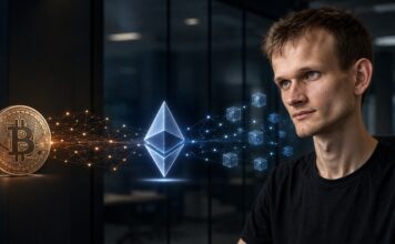 Vitalik Buterin mit Bitcoin- und Ethereum-Symbolen vor einer Visualisierung von Blockchain-Netzwerken