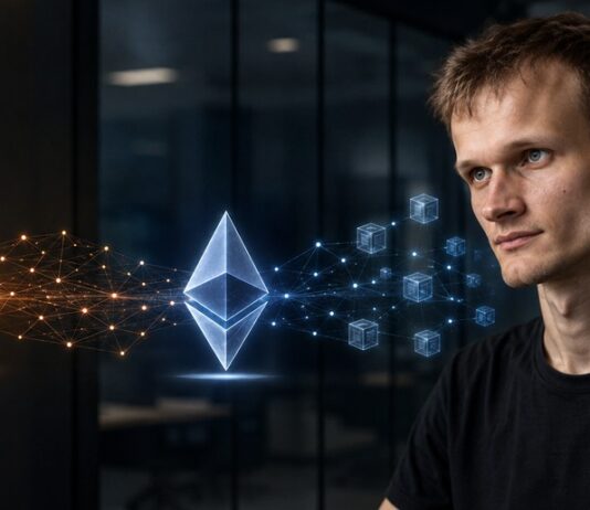 Vitalik Buterin mit Bitcoin- und Ethereum-Symbolen vor einer Visualisierung von Blockchain-Netzwerken