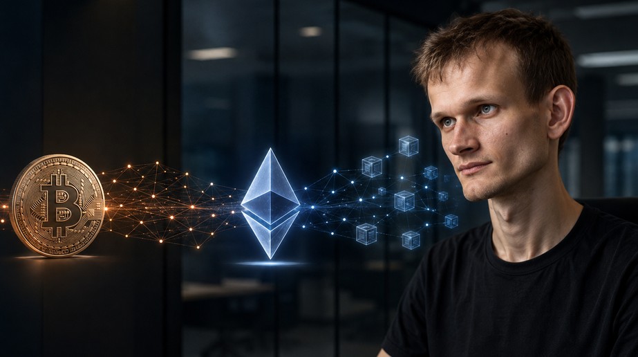 Vitalik Buterin mit Bitcoin- und Ethereum-Symbolen vor einer Visualisierung von Blockchain-Netzwerken