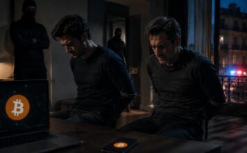 Zwei französische Bitcoin-Millionäre 52 Stunden entführt und gefoltert Zwei gefesselte Männer sitzen in einem dunklen Raum, während maskierte Täter im Hintergrund stehen. Auf Laptop und Smartphone ist das Bitcoin-Logo zu sehen.