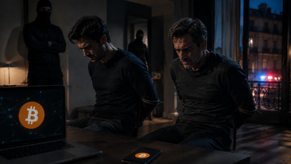 Zwei gefesselte Männer sitzen in einem dunklen Raum, während maskierte Täter im Hintergrund stehen. Auf Laptop und Smartphone ist das Bitcoin-Logo zu sehen.