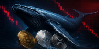 Bitcoin-, Ethereum- und XRP-Wale akkumulieren: CryptoQuant sieht späte Bärenmarktphase Bitcoin, Ethereum und XRP vor einem Wal und einem fallenden roten Kurschart