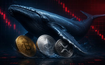 Bitcoin-, Ethereum- und XRP-Wale akkumulieren: CryptoQuant sieht späte Bärenmarktphase Bitcoin, Ethereum und XRP vor einem Wal und einem fallenden roten Kurschart