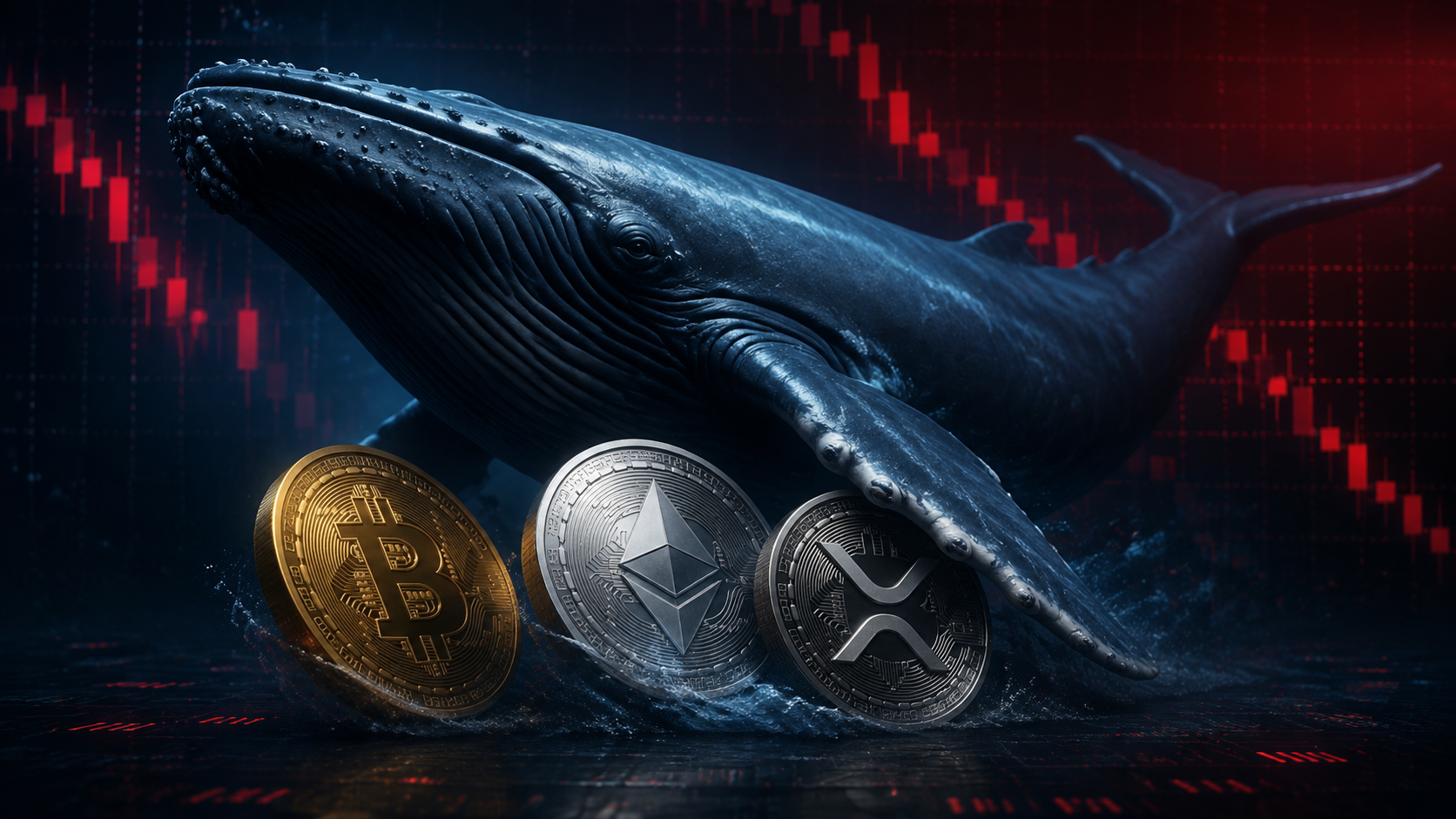 Bitcoin, Ethereum und XRP vor einem Wal und einem fallenden roten Kurschart