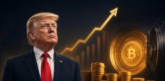 Donald Trump vor Bitcoin-Symbol, Münzstapeln und steigender Kursgrafik.