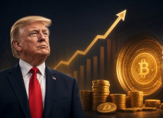 Trump setzt auf Bitcoin: BTC-Bestand steigt im Juli um 49 % auf 14.139 BTC Donald Trump vor Bitcoin-Symbol, Münzstapeln und steigender Kursgrafik.