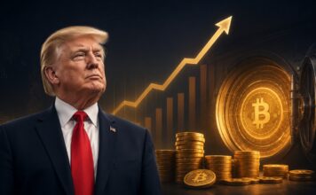 Donald Trump vor Bitcoin-Symbol, Münzstapeln und steigender Kursgrafik.