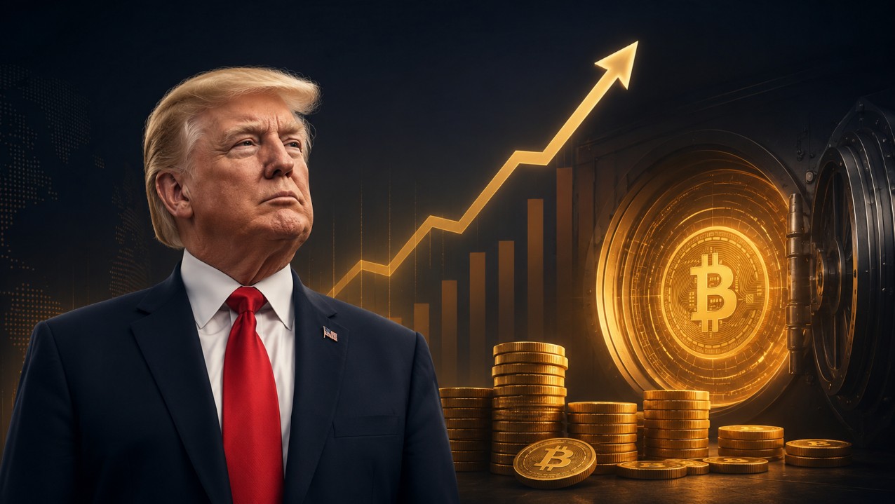 Donald Trump vor Bitcoin-Symbol, Münzstapeln und steigender Kursgrafik.