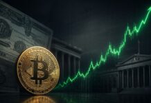 Analyst: Anleiherückkäufe können Bitcoin Kurs auf 180.000 USD treiben Bitcoin vor steigendem Kurschart mit US-Staatsanleihen im Hintergrund