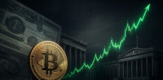 Analyst: Anleiherückkäufe können Bitcoin Kurs auf 180.000 USD treiben Bitcoin vor steigendem Kurschart mit US-Staatsanleihen im Hintergrund
