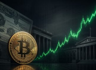 Bitcoin vor steigendem Kurschart mit US-Staatsanleihen im Hintergrund