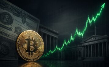 Analyst: Anleiherückkäufe können Bitcoin Kurs auf 180.000 USD treiben Bitcoin vor steigendem Kurschart mit US-Staatsanleihen im Hintergrund