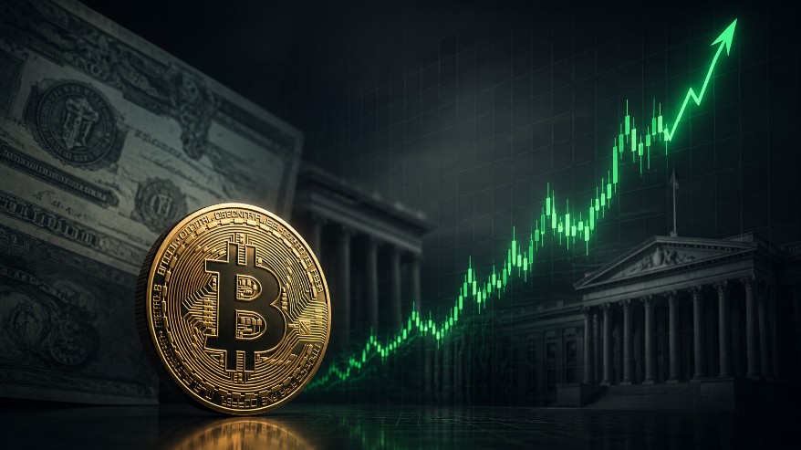 Bitcoin vor steigendem Kurschart mit US-Staatsanleihen im Hintergrund