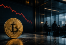 Goldene Bitcoin-Münze vor einem fallenden Kurschart und institutionellen Anlegern in einem Konferenzraum