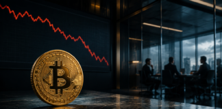Goldene Bitcoin-Münze vor einem fallenden Kurschart und institutionellen Anlegern in einem Konferenzraum
