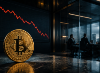 BlackRock bleibt bullisch bei Bitcoin: ETF-Anleger bleiben trotz Bärenmarkt standhaft Goldene Bitcoin-Münze vor einem fallenden Kurschart und institutionellen Anlegern in einem Konferenzraum