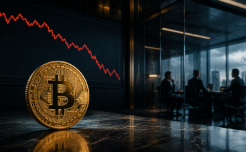 BlackRock bleibt bullisch bei Bitcoin: „Jeder Zyklus endete deutlich höher“ Goldene Bitcoin-Münze vor einem fallenden Kurschart und institutionellen Anlegern in einem Konferenzraum