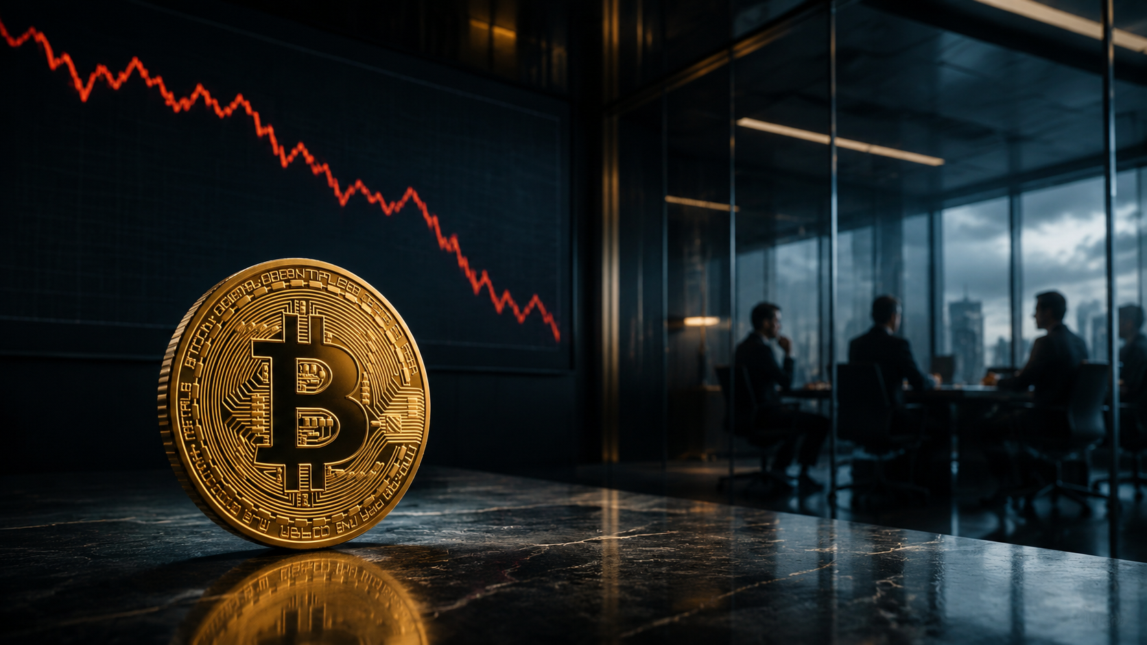 Goldene Bitcoin-Münze vor einem fallenden Kurschart und institutionellen Anlegern in einem Konferenzraum