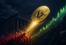 Bitcoin-Kurs explodiert auf 71.500 USD: Das steckt hinter der Rally Goldene Bitcoin-Münze steigt über roten Kurskerzen vor einer grünen Aufwärtsbewegung und dem US-Finanzministerium auf.