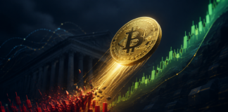 Goldene Bitcoin-Münze steigt über roten Kurskerzen vor einer grünen Aufwärtsbewegung und dem US-Finanzministerium auf.