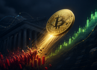 Goldene Bitcoin-Münze steigt über roten Kurskerzen vor einer grünen Aufwärtsbewegung und dem US-Finanzministerium auf.